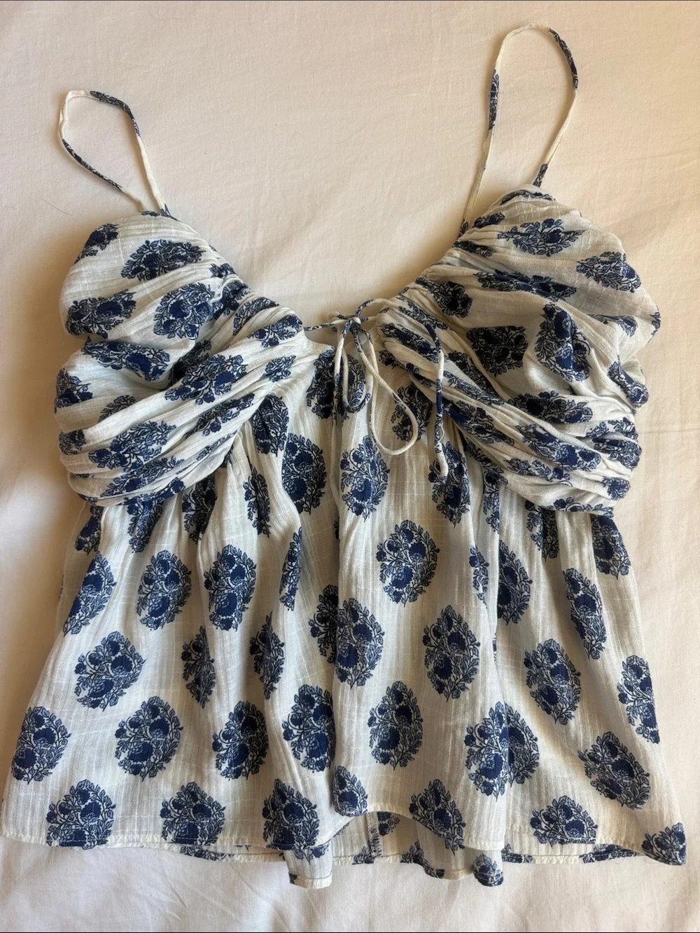 Jcrew Lurex gathered gauze navy and white block print cami